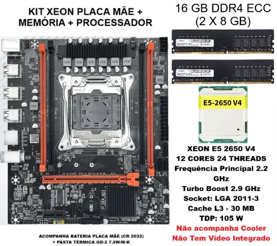KIT XEON, PLACA MÃE X99 + XEON 2650 V4 + 16 GB DDR4 2133 MHz ECC (2x8GB) + Envio