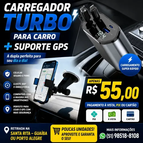 Carregador Turbo Para Celular Carro + Suporte Gps R$55,00 Avista + Pix + Cartao