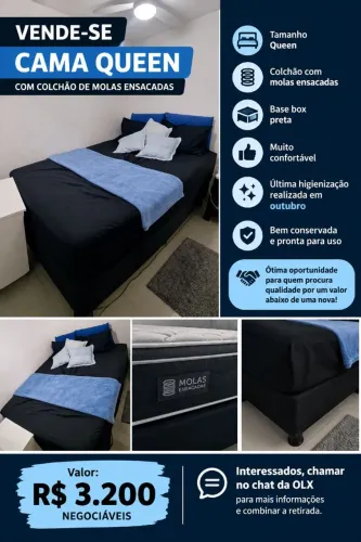 CAMA QUEEN COM BASE E MOLAS ENSACADAS - BOM ESTADO NEGOCIÁVEL