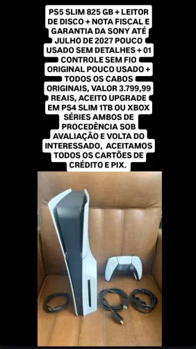 Ps5 slim 825 gb + leitor nota fiscal e garantia Aceito cartão 