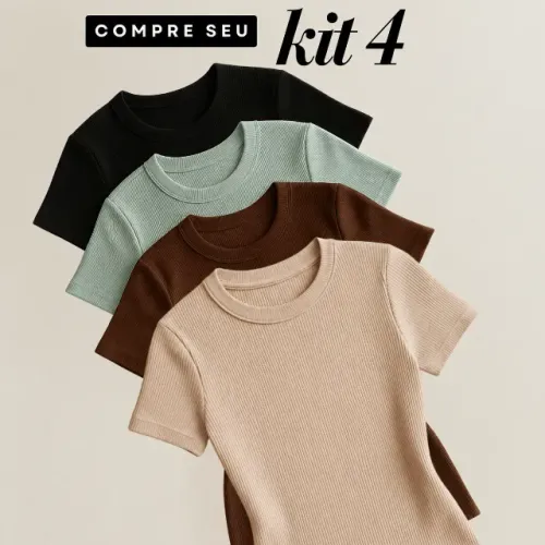 Kit 4 Blusas Femininas Caneladas Ribana Manga Curta Básica