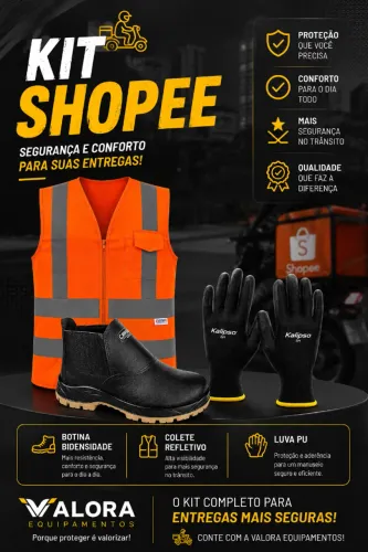 KIT ENTREGAS SHOPEE, MERCADO LIVRE,AMAZON - BOTINA BIDENSIDADE, COLETE REFLETIVO LUVA PU