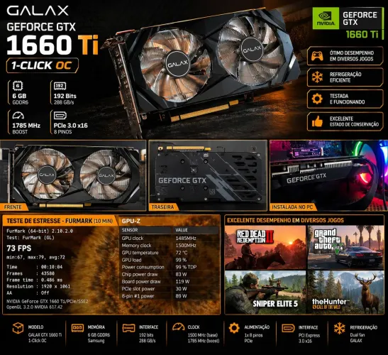 Placa de Vídeo GALAX GTX 1660 Ti 6GB GDDR6 | Testada | Excelente Estado