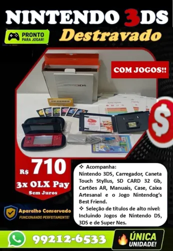 Console 3ds Old Red (Usado) + caneta + carregador+ jogo + case + cartão 32gb + manuais
