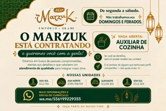 VAGA - AUXILIAR DE COZINHA - Local de trabalho: Sudoeste | Asa Norte | Asa Sul - DF