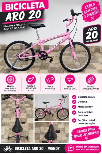 ? BICICLETA ARO 20 ROSA WENDY - INFANTIL - COM RODINHAS DE APOIO