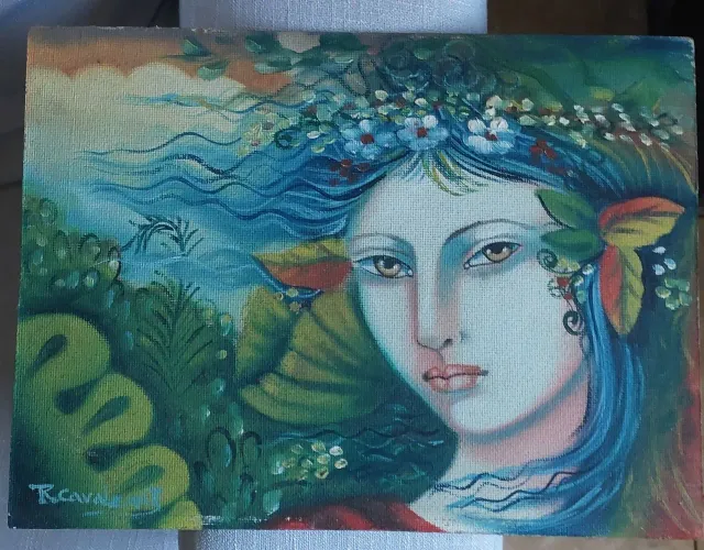Quadro à óleo sobre eucatex Mulher na Natureza