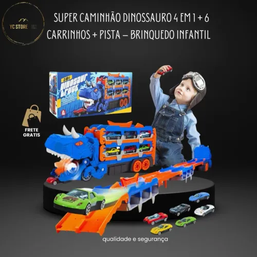 SUPER CAMINHÃO DINOSSAURO 4 EM 1 + 6 CARRINHOS + PISTA - BRINQUEDO INFANTIL