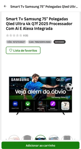 Smart Tv Samsung 75" Polegadas Qled Ultra 4k Q7f 2025 Processador Com Ai E Alexa Integrada
