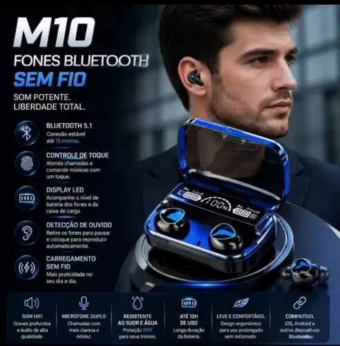 Fone Bluetooth M10 Sem Fio com Display LED + Estojo de Carregamento