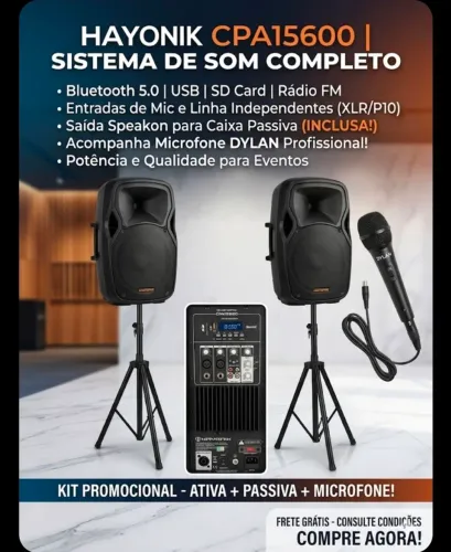 Kit Som Profissional Hayonic CPA15600 (Ativa + Passiva) + Microfone Dylan + Tripés