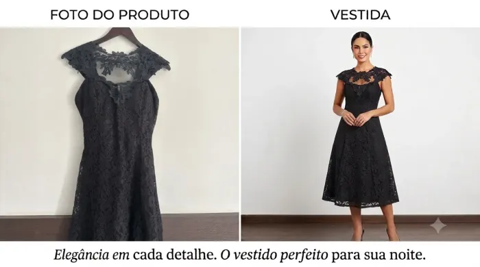 Vestido de Festa Preto em Renda Guipir e Tule - Modelo Evasê / Midi