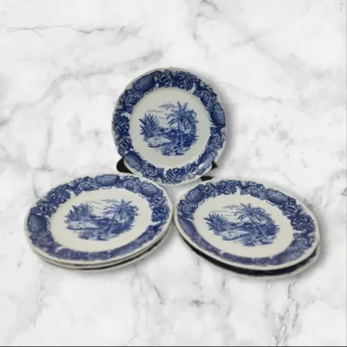6 Pratos Rasos Antigo Azul Branco Schmidt Cenas Campestres 