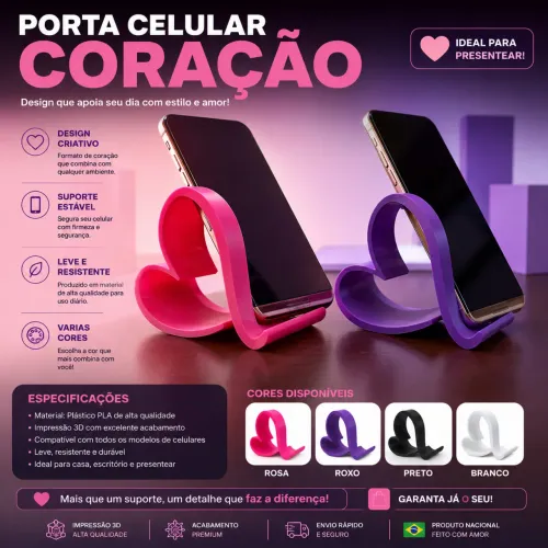 Suporte de Celular Coração Decorativo 3D - Porta Celular de Mesa para Vídeos