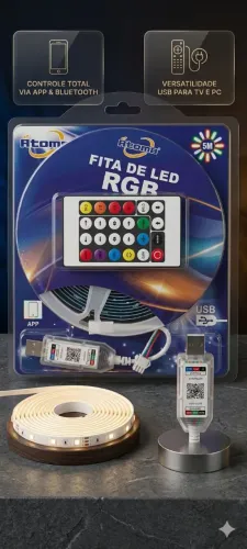 Fita de LED RGB Atomo 5M c/ USB, Controle 20 Corese efeitos, Bluetooth, Música e Timer