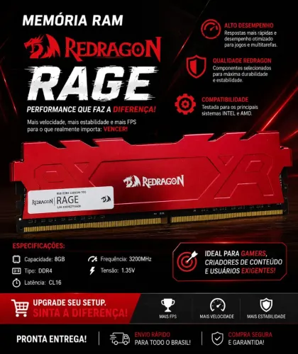 Memória RAM Redragon Rage 8GB DDR4 3200MHz CL16