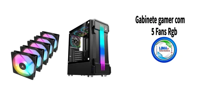 Gabinete gamer, lateral vidro, + 5 Fans luz Rgb de 120mm