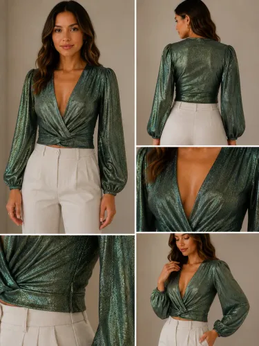 Bazar | Blusa Verde Metalizada Manga Longa Decote Transpassado