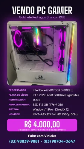 PC Gamer Intel Core i7-10700K + RTX 2060 6GB + 16GB RAM + SSD 480GB
