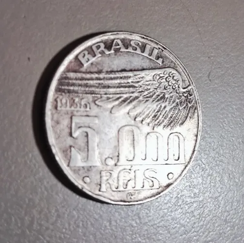 Moeda 5000 Reis Santos Dumont Brasil 1936 Prata