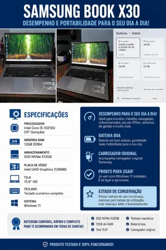 Samsung Book X30 - i5 10ª - 12GB ram - NVME 512GB - Bateria Boa - Win11