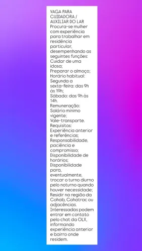 Cuidadora de Idosos/Auxiliar doméstica 