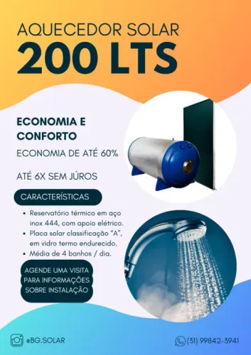 Aquecedor solar 200L - 12x cartão