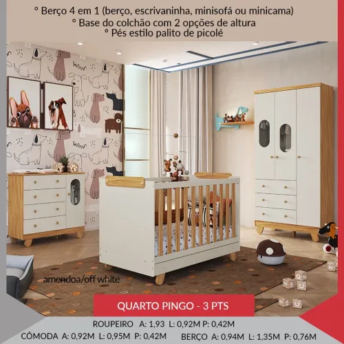 Quarto Infantil Completo 3 Peças - Berço 4 em 1