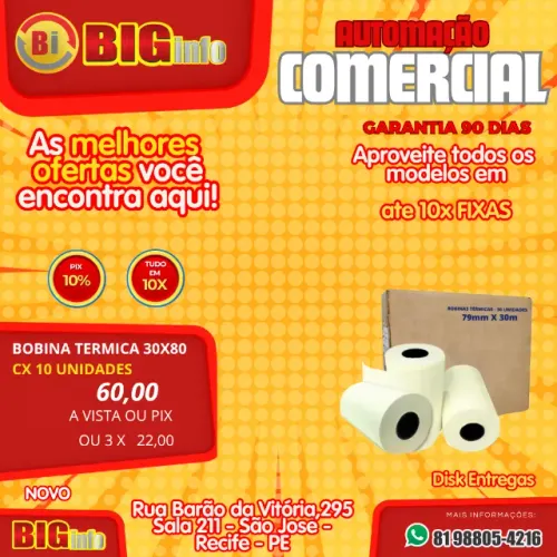 Bobinas 10 Rolos Etiqueta 80x30  - Elgin - Bematech - Daruma - Epson - Tanca 
