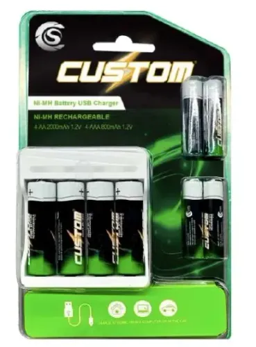 KIT DE PILHAS COM CARREGADOR USB CUSTOM POWER 4XAA HR6 E 4XAAA HR03 - 1,2V NI-MH CSCU