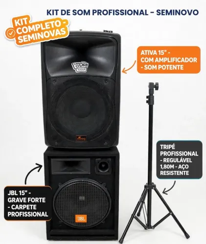 Kit 2 Caixas Som 15" Ativa + JBL Passiva + Tripé - Seminovas