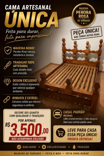 PEÇA ÚNICA - Cama Casal Artesanal em Peroba Rosa Maciça - R$ 3.500