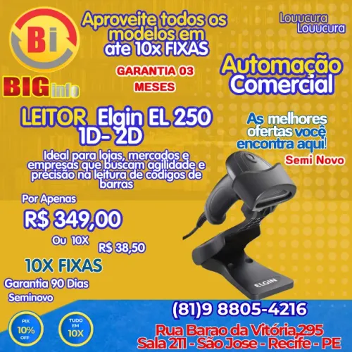 Leitor de Código de Barras Bema EL250 - 1D 2D Plug & Play USB IP52 - Em ate 10x Fixas