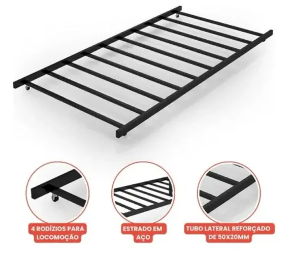 Cama auxiliar solteiro de aço industrial com rodízios 