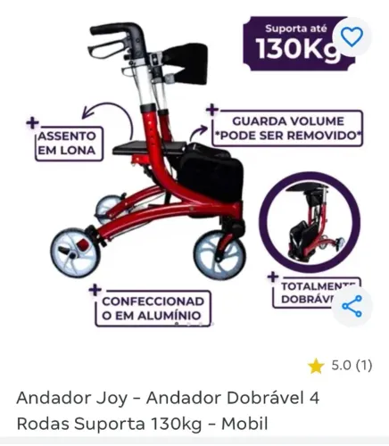 Andador Joy - Andador Dobrável 4 Rodas Com Freio e Suporta até 130kg - Mobil