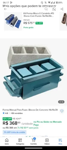 Forma 3 furos para fabricação bloco de concreto manual 15x39x19