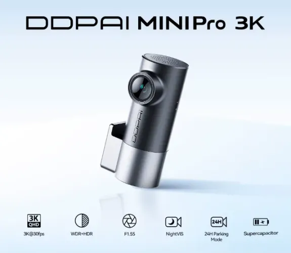 DDPAI Câmera Veicular Mini Pro 2K 1440P Wi-Fi e APP Ângulo de 140° e Visão Noturna