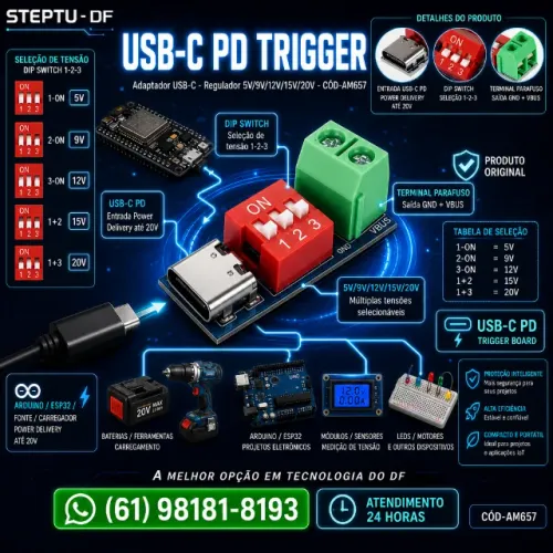 Placa Adaptadora Usb C Pd Regulador De Tensão 5v 9v 12v 15v 20v Automação COD-AM657