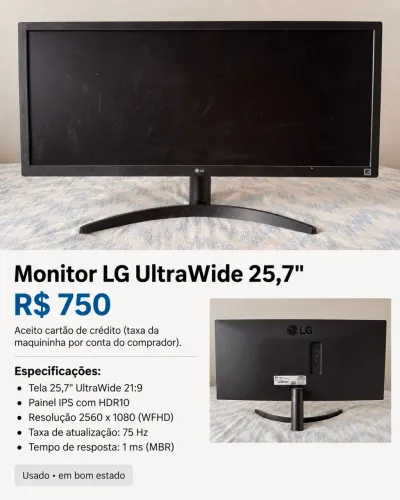 Monitor LG Ultrawide 25,7 polegadas