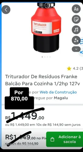 Triturador de resíduos Franke balcão para cozinhas 1/2hp 127v - Nunca foi usado