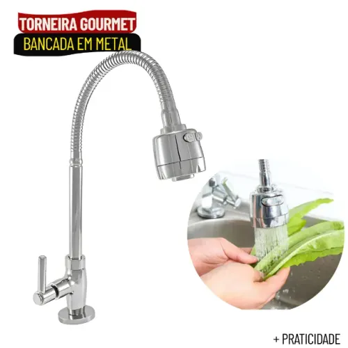 Torneira Gourmet de Bancada Flexível em Inox com Jato Duplo para Cozinha - SCS40