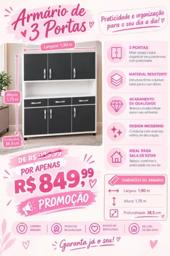 Armário de Cozinha 3 Portas Novo Direto da Fábrica por R$849,99!