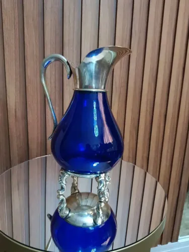 Jarra Antiga em Vidro azul Cobalto com detalhes em Prata