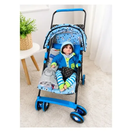 Boneco Bebê Reborn + Carrinho Completo Azul
