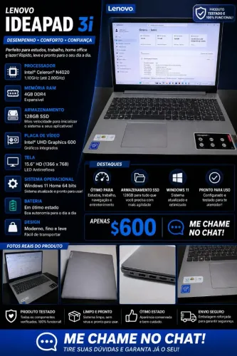 ? Notebook Lenovo IdeaPad 3i | SSD 128GB + 4GB RAM | Windows 11 | Apenas R$ 600!