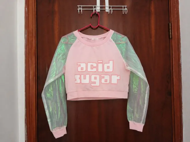 Blusa "Acid Sugar" rosa e holográfica tamanho P - Aesthetic Pastel Goth Kawaii
