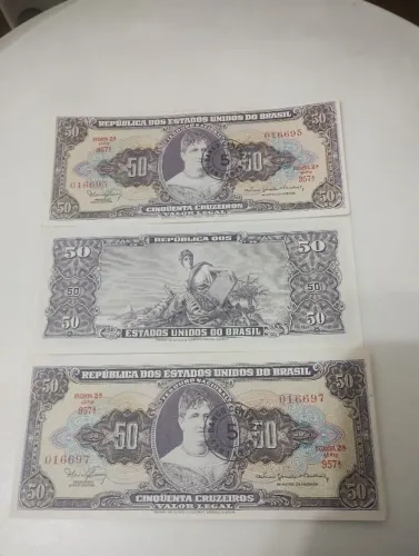 Kit 14 notas num série sequencial 50 cruzeiro carimbo 5 centavos Princesa Isabel. Estado F