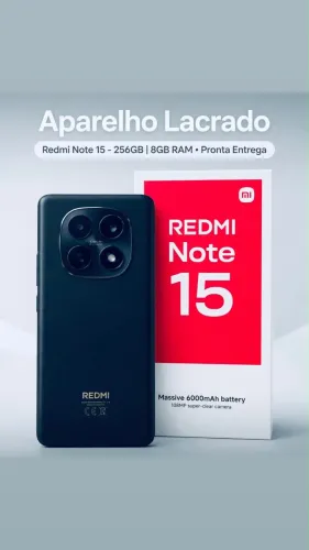 Redmi Note 15 256 GB, 8 GB de RAM, disponível nas cores Preto e Azul. ( APARELHO LACRADO)