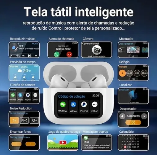 Fone Bluetooth com tela touch mostra WhatsApp põe foto masculino feminino iphone Samsung
