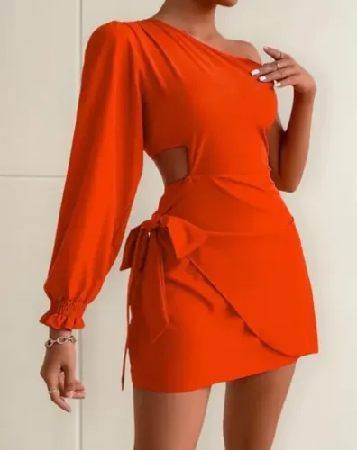 Vestido laranja nula manga vazado com amarração lateral - tamanho único